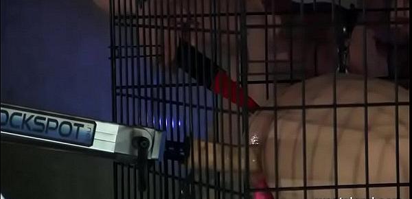  Caged Blonde Drilled By Duo Fuck Machines